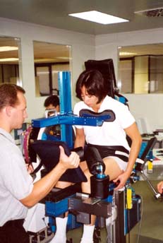 Patty with MARES (Muscle Atrophy Research Excercise System) development team evaluating ISS hardware.  Barcelona, 6/00.